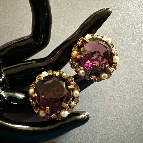ARTHUR PEPPER ‘ART’ Amethyst Glass Clip On Earrings 1960s Vintage - Picture 3 of 11